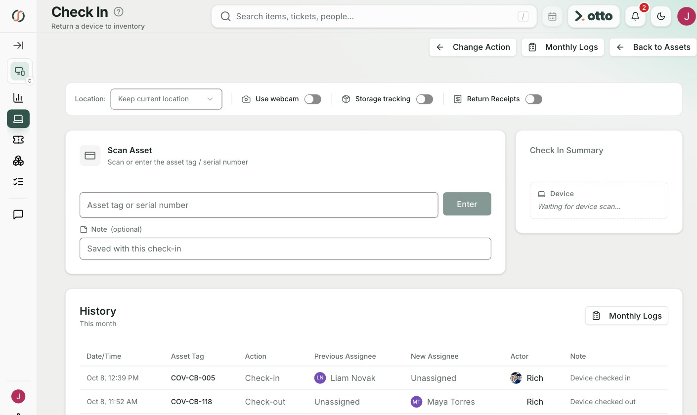 schoolAssets check in screen with asset scan field and a history of recent check ins and check outs
