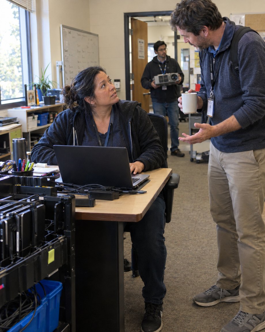 A teacher with a coffee mug explains a problem to a district help desk technician at her laptop while a staff member waits with a broken projector