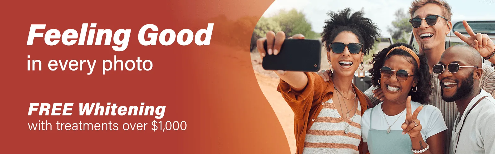 Group of friends taking a selfie, promoting dental whitening, "Feeling good in every photo"