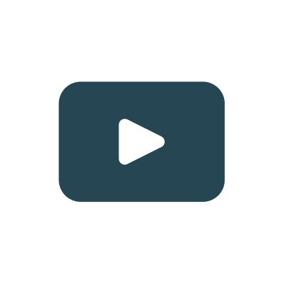 Dark video play button icon with a white triangular play symbol in the center on a circular white background.