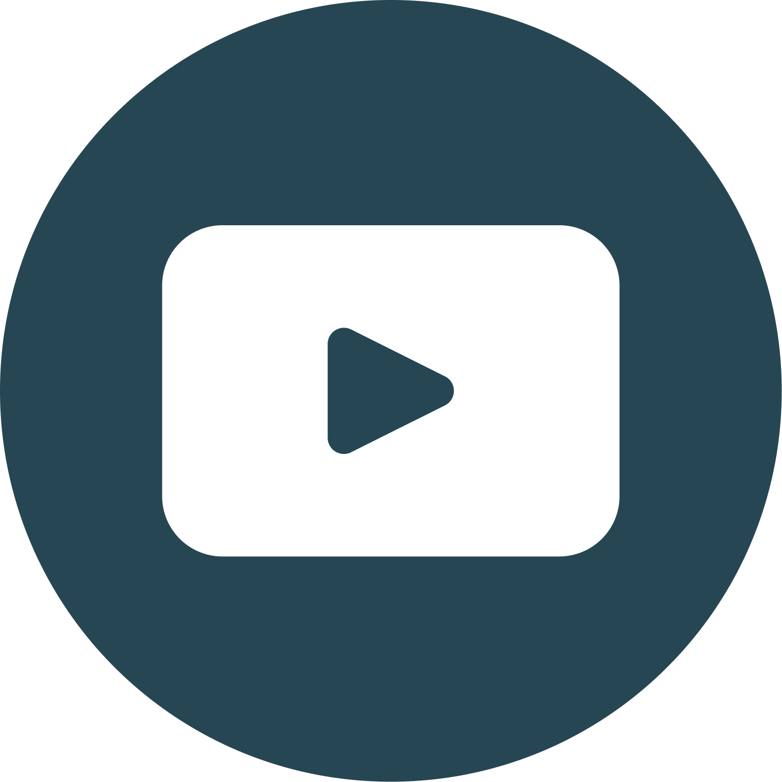 Play button icon inside a rounded rectangle on a white circular background.