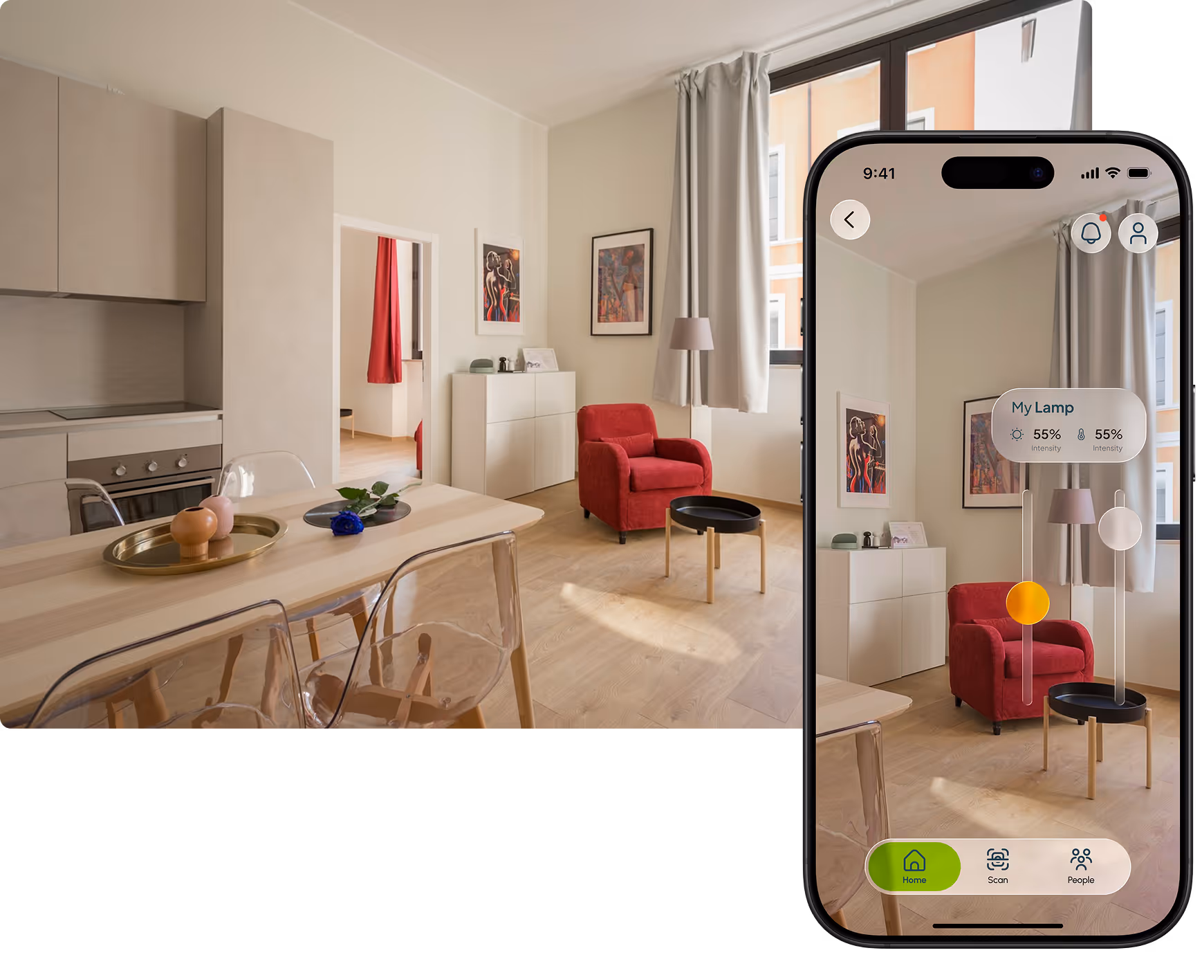 Modern living room with red armchair, wooden table, and kitchen, shown with phone app controlling lamp brightness.