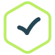 Black checkmark inside a green hexagon outline.