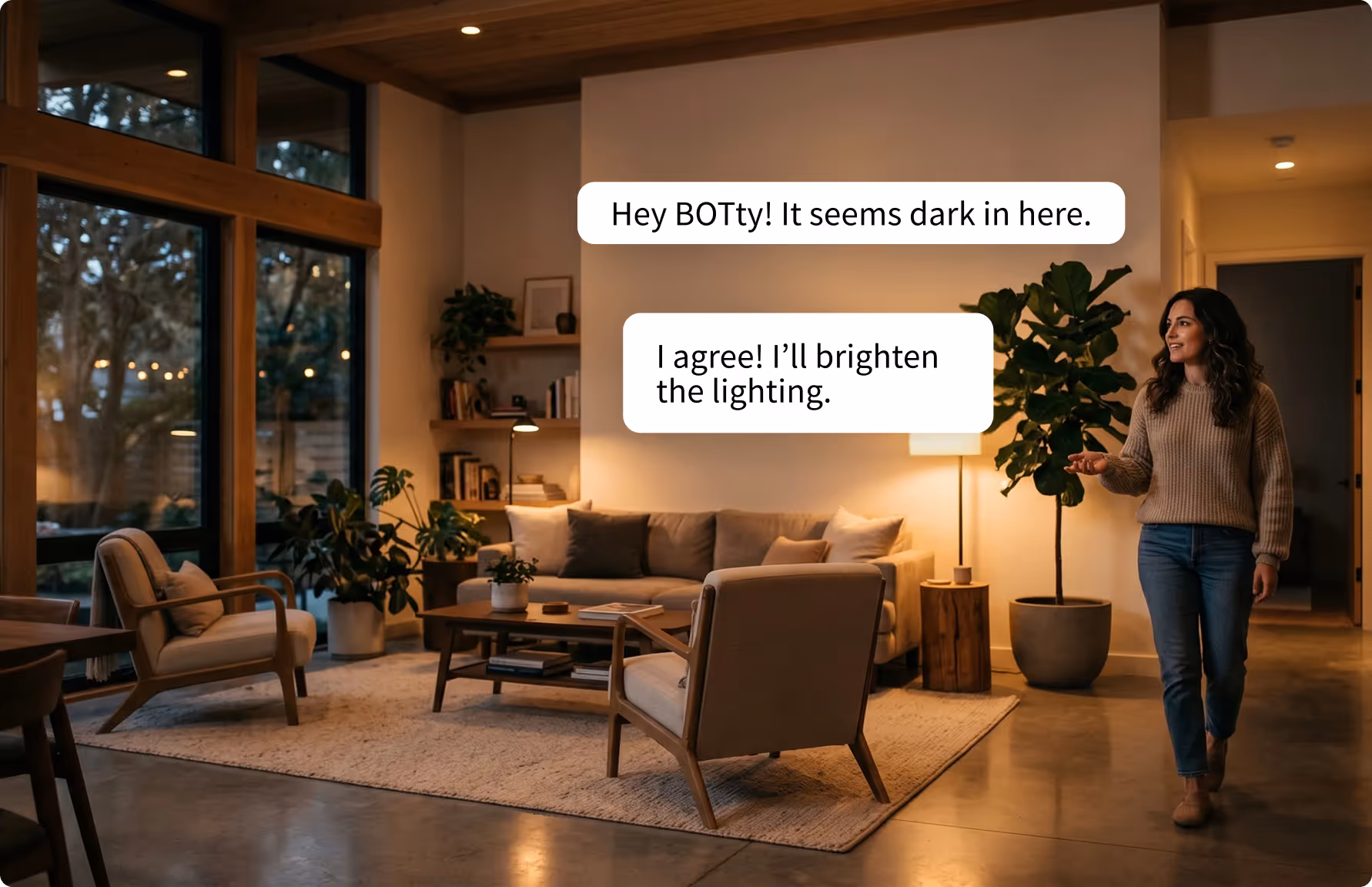 Woman in cozy sweater standing in a warmly lit living room with modern furniture and large windows.