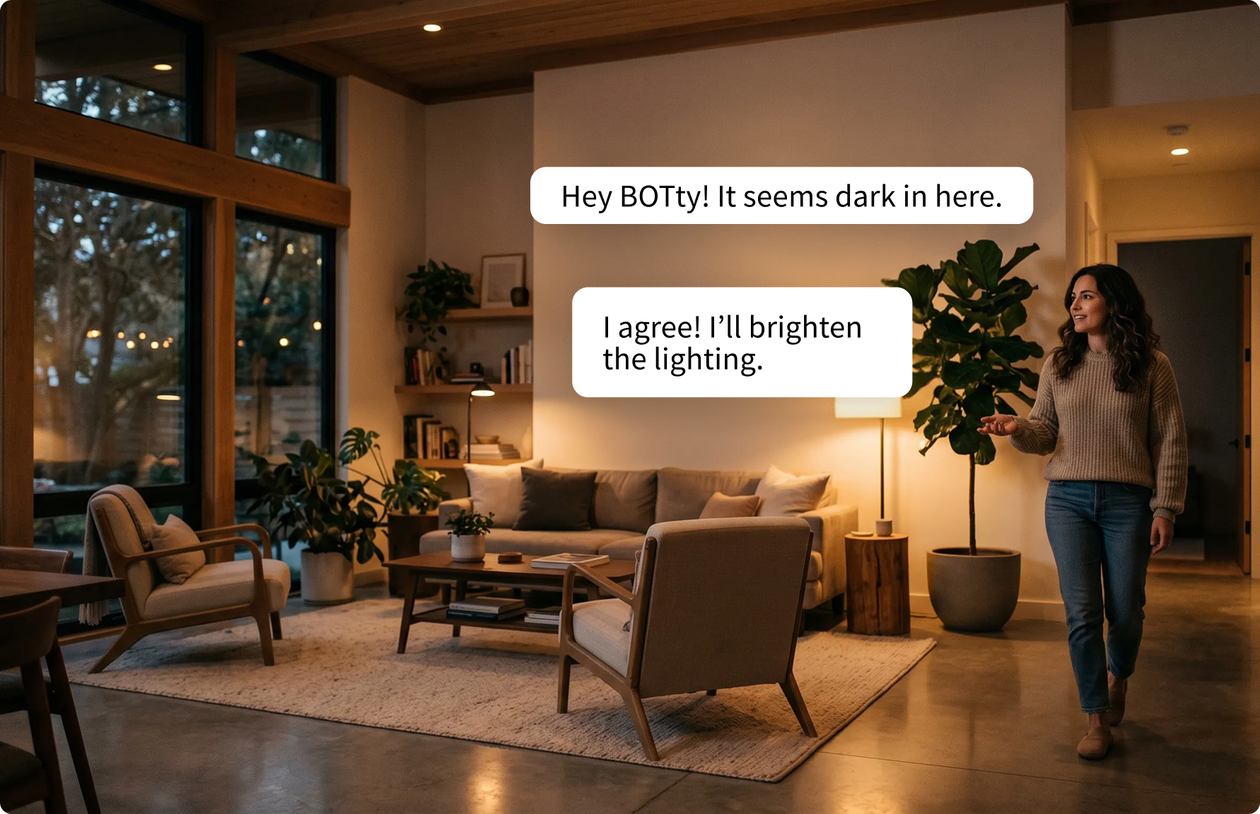 Woman in cozy sweater standing in a warmly lit living room with modern furniture and large windows.