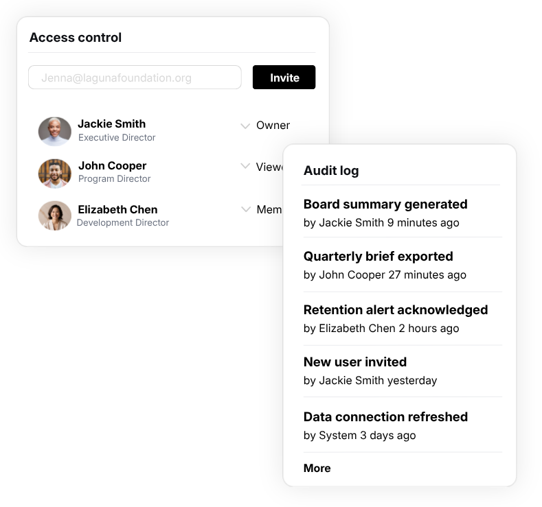 Access controls and activity tracking showing how Donorlytics manages user permissions and monitors organizational actions