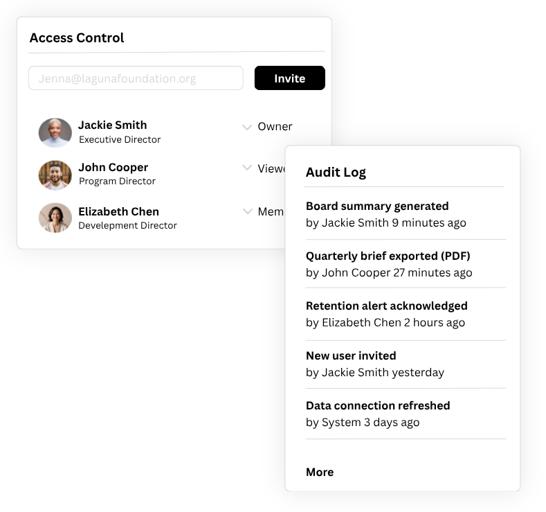 Access controls and activity tracking showing how Donorlytics manages user permissions and monitors organizational actions