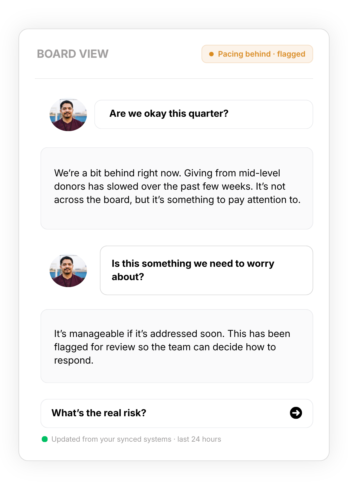 Chat interface answering board-level questions with clear context and guidance for decision-making