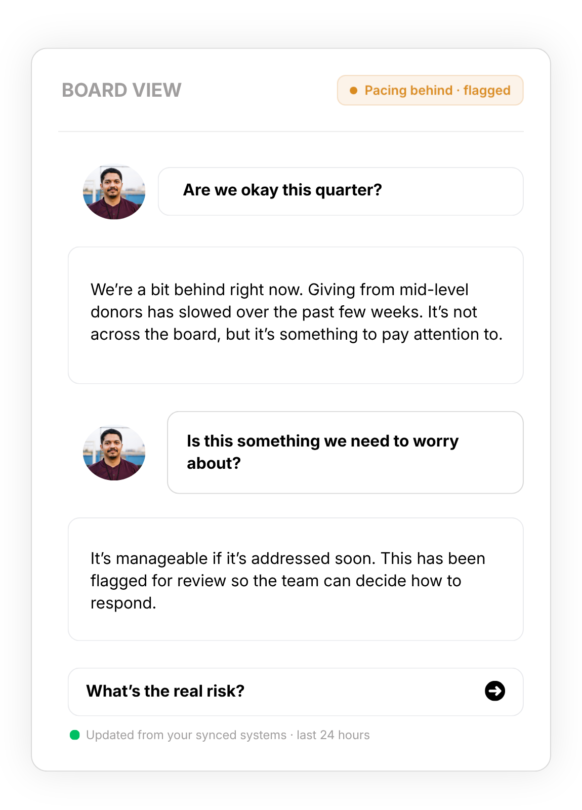 Chat interface answering board-level questions with clear context and guidance for decision-making