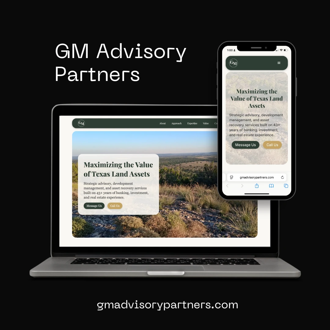 GM Advisory Partners Webflow website design for land advisory firm shown on desktop and mobile