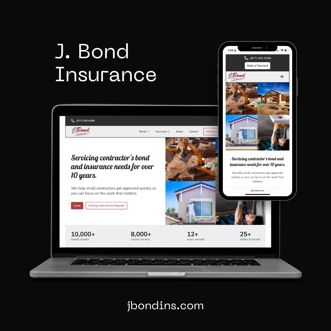 J Bond Insurance Webflow website design for contractor bond services on desktop and mobile