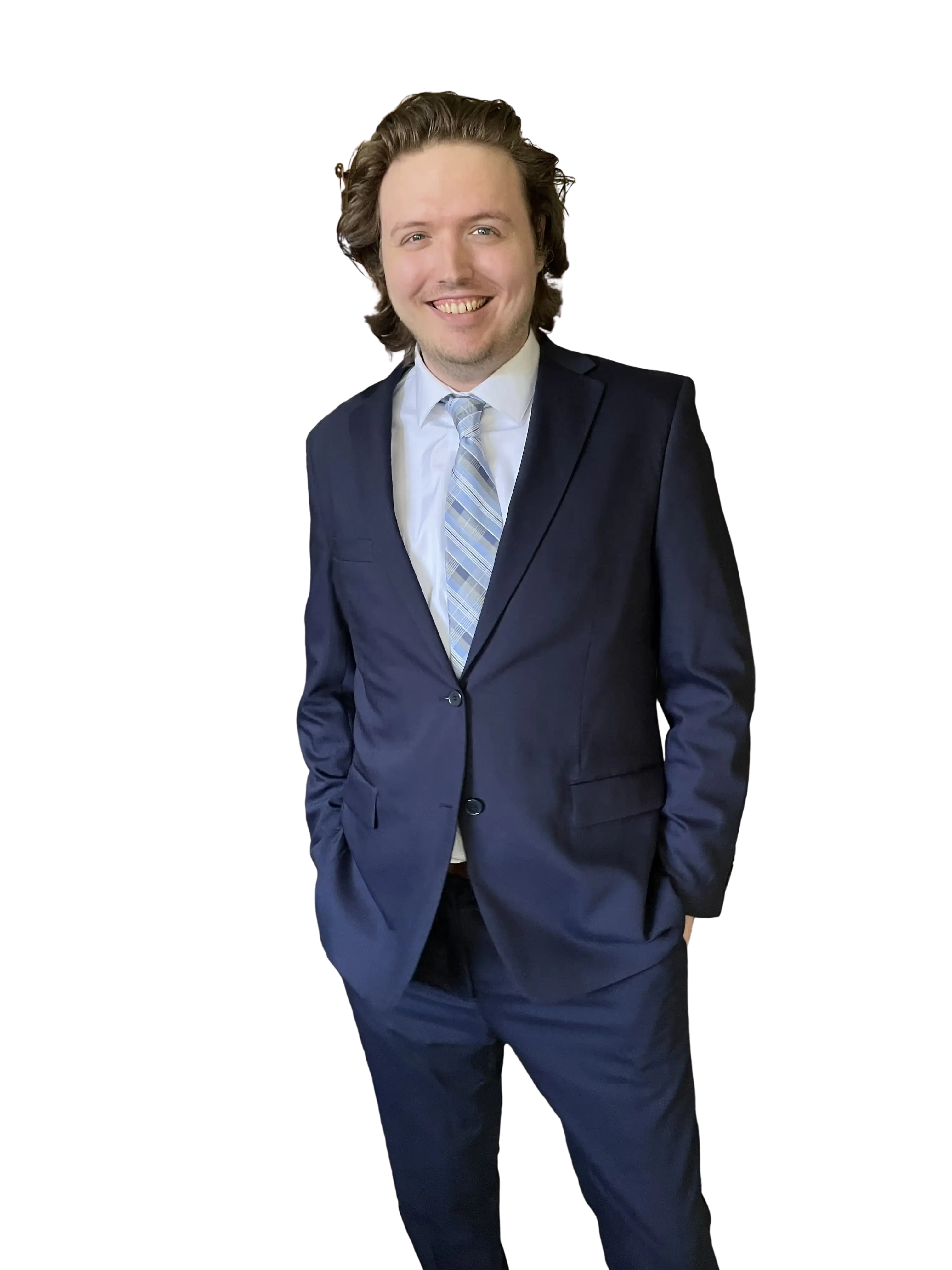 David Mudry, Webflow developer in a navy suit, smiling in a professional full-body portrait