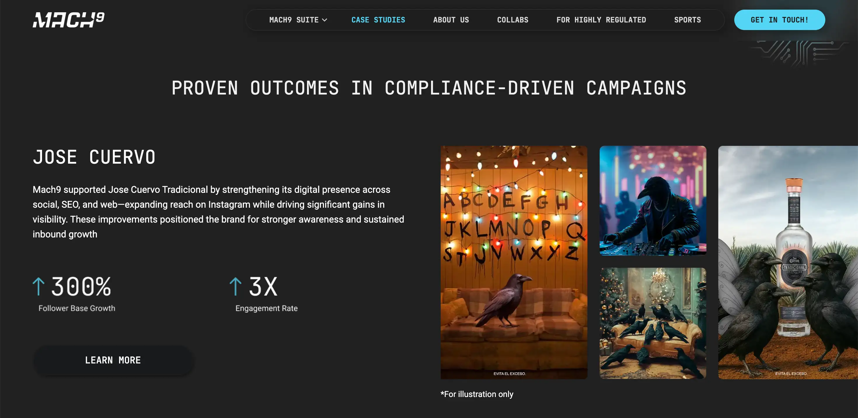 Mach9 case studies page showing a Jose Cuervo campaign with performance metrics, campaign visuals, and a dark tech-style layout.