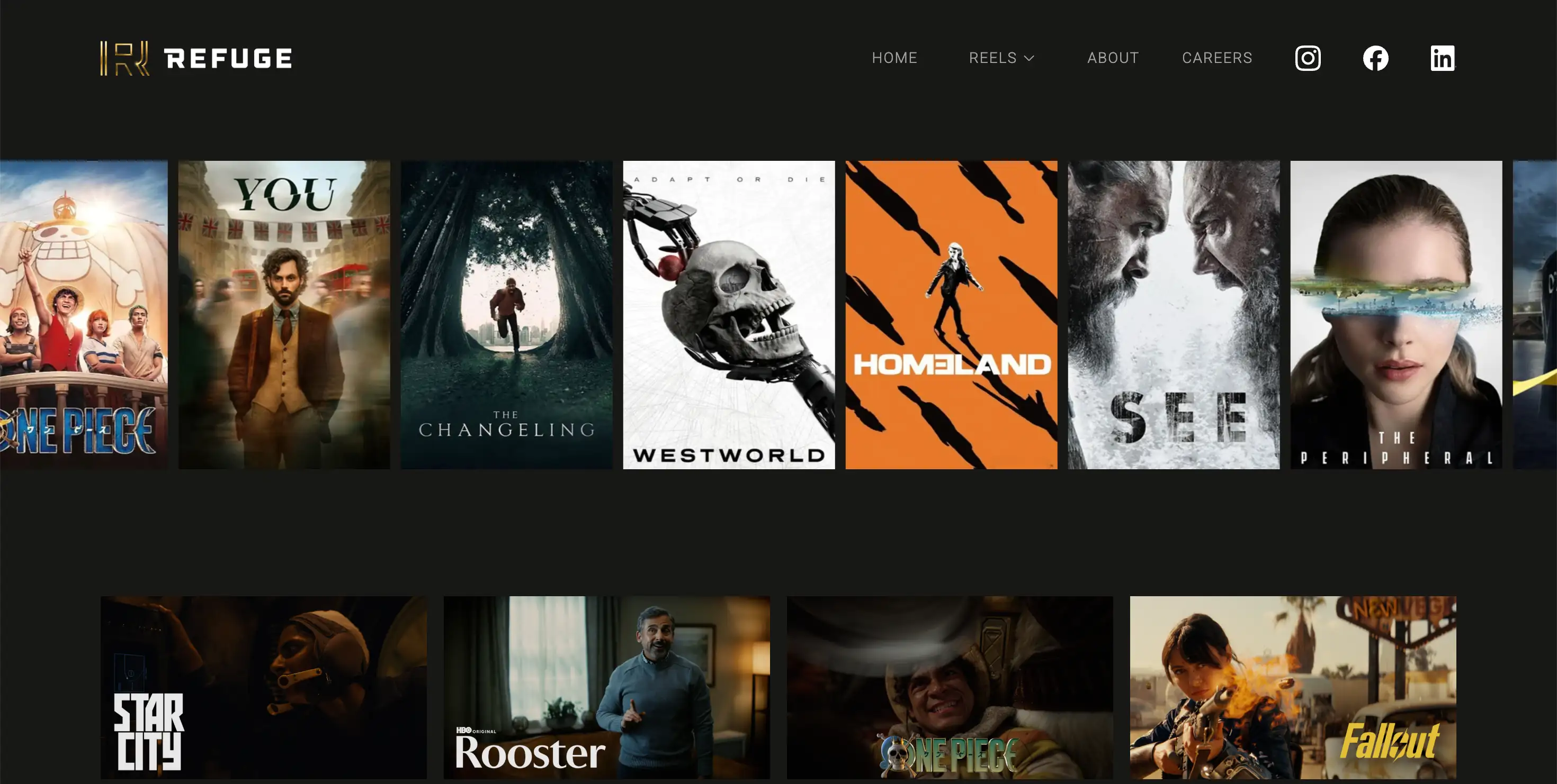 Refuge website reels page showing a dark portfolio grid of film and television project thumbnails.