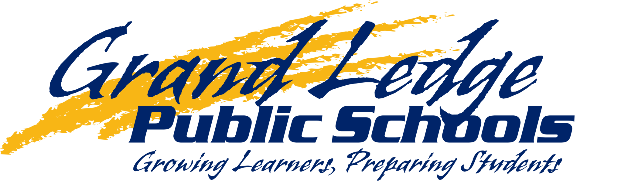 Grand Ledge Public Schools logo with blue text and yellow brush strokes, tagline 'Growing Learners, Preparing Students'.