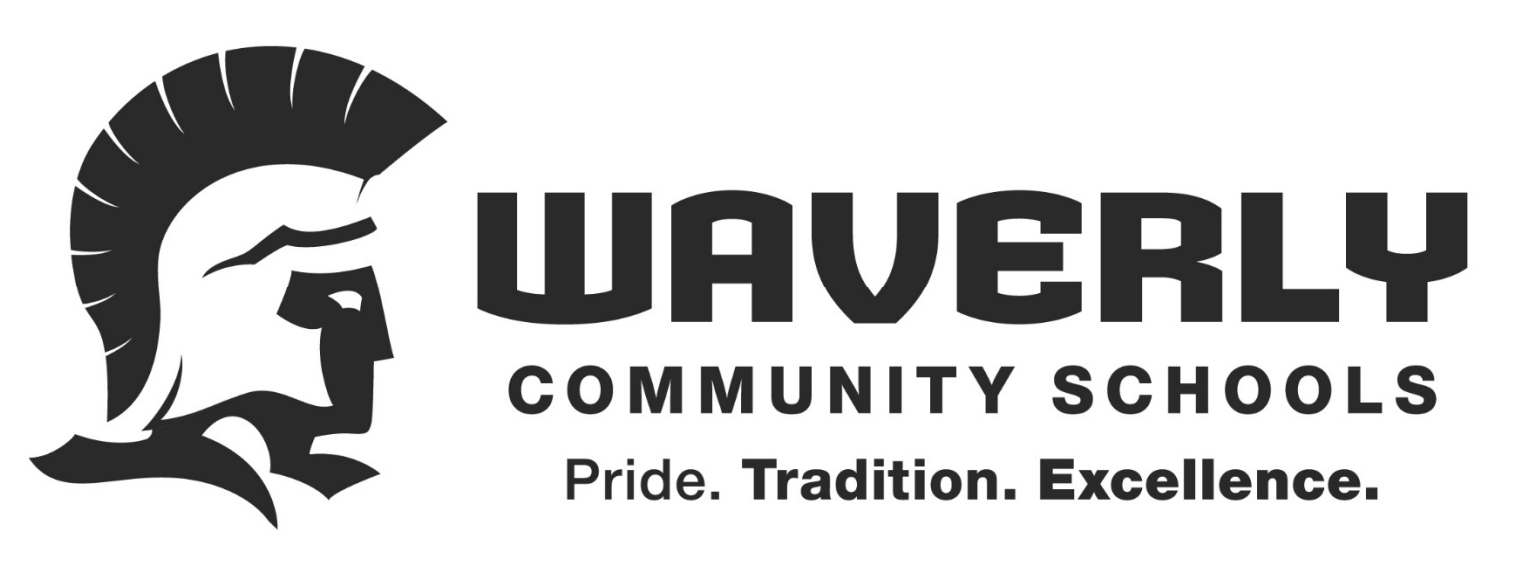 Stylized Spartan helmet logo next to the text Waverly Community Schools with the tagline Pride. Tradition. Excellence.