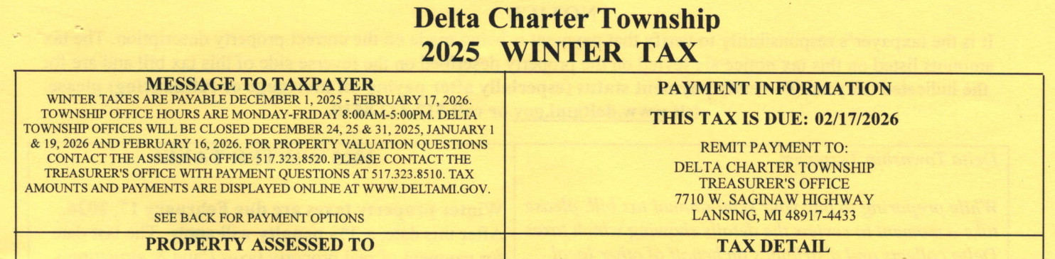 Delta Charter Township 2025 Winter Tax notice with tax payment due date February 17, 2026 and township office hours and contact information for property valuation and payment questions.