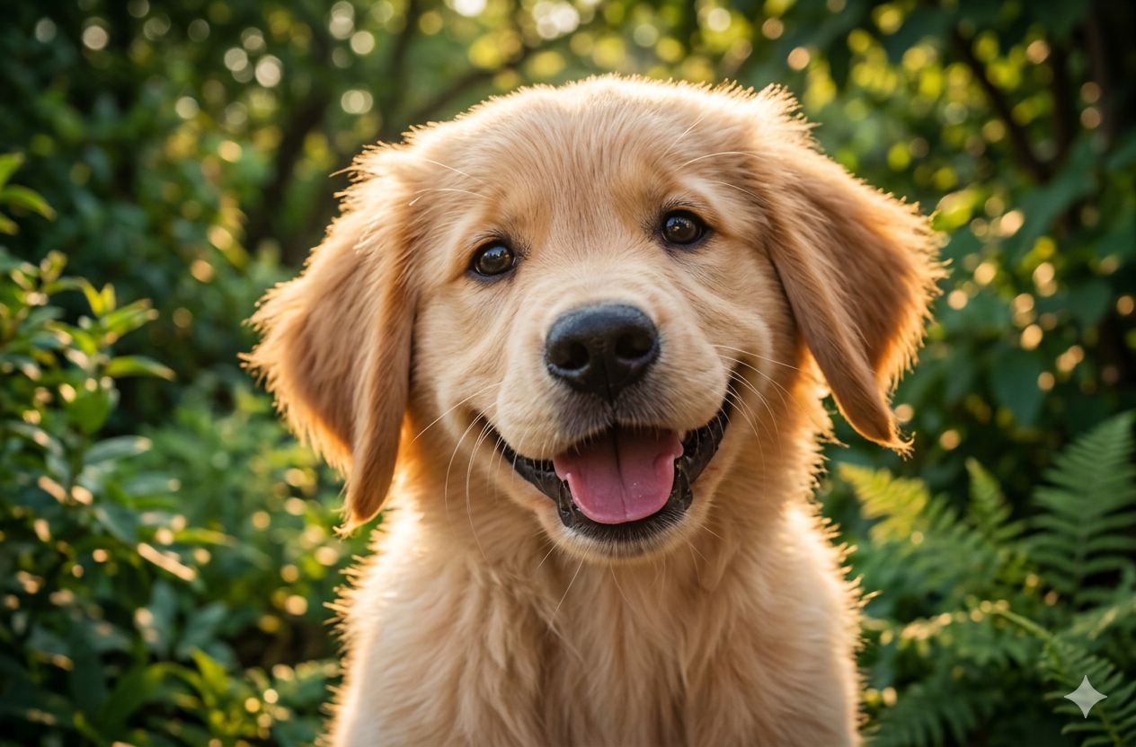 Smiling golden retriever puppy outdoors with green foliage background.