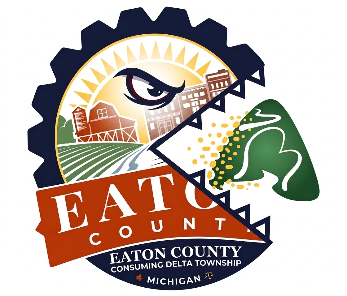 Eaton County logo featuring a sun rising over farmland and buildings with an eye and open mouth design, including text 'Eaton County Consuming Delta Township Michigan'.