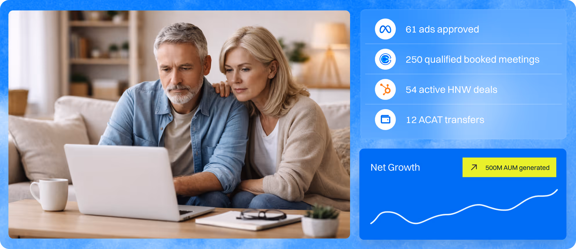 Middle-aged couple sitting on couch looking at laptop with chart and performance stats on the right.