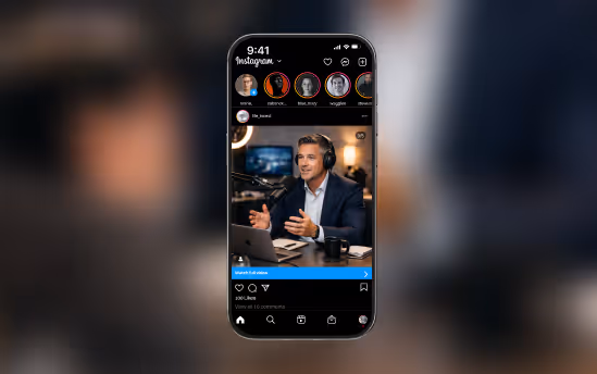 Instagram post showing a man in headphones speaking into a microphone at a desk with a laptop.