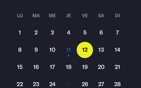 Calendar grid showing days 1 to 28 in French with the 12th highlighted in yellow.