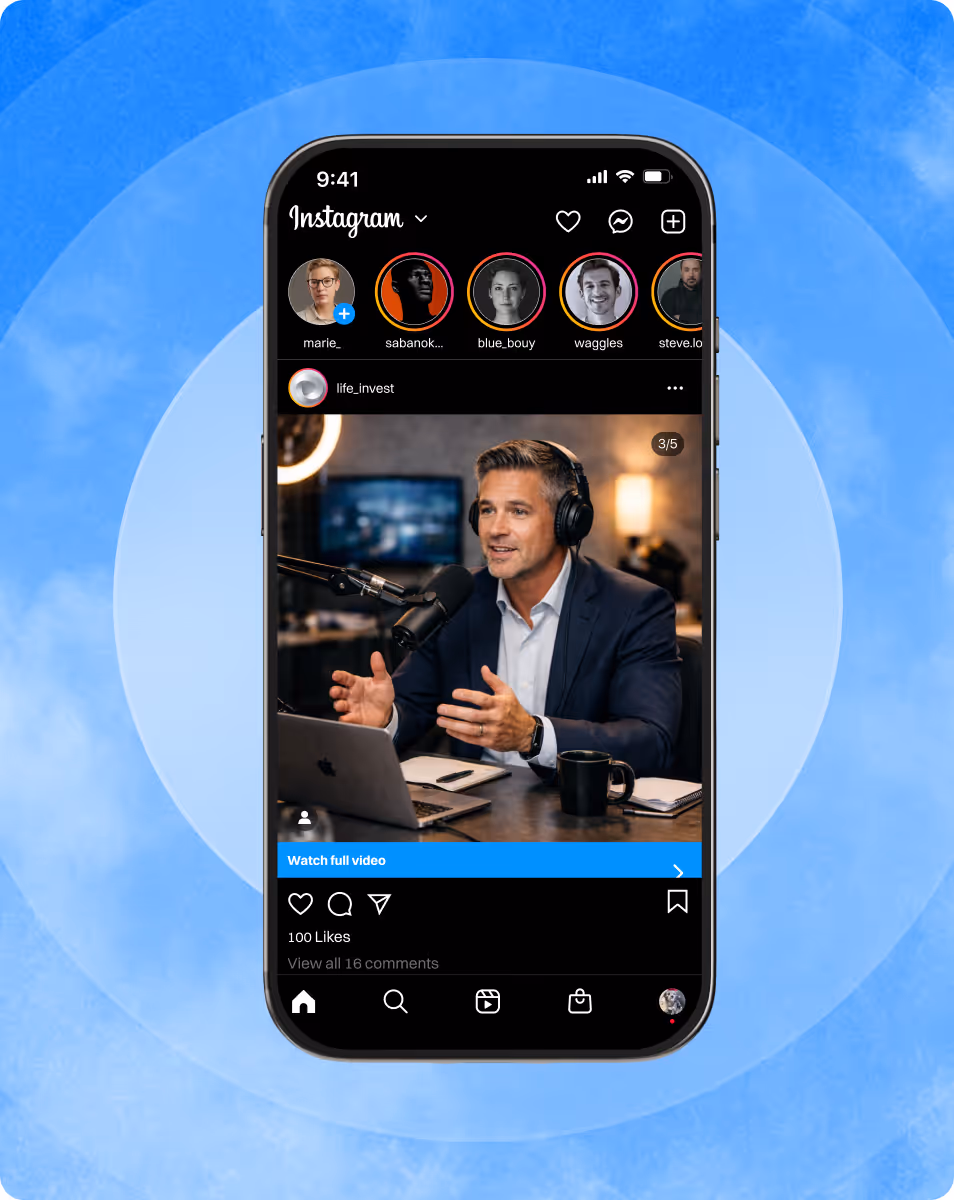 Instagram post on phone screen showing man in headset speaking into microphone in a podcast studio.