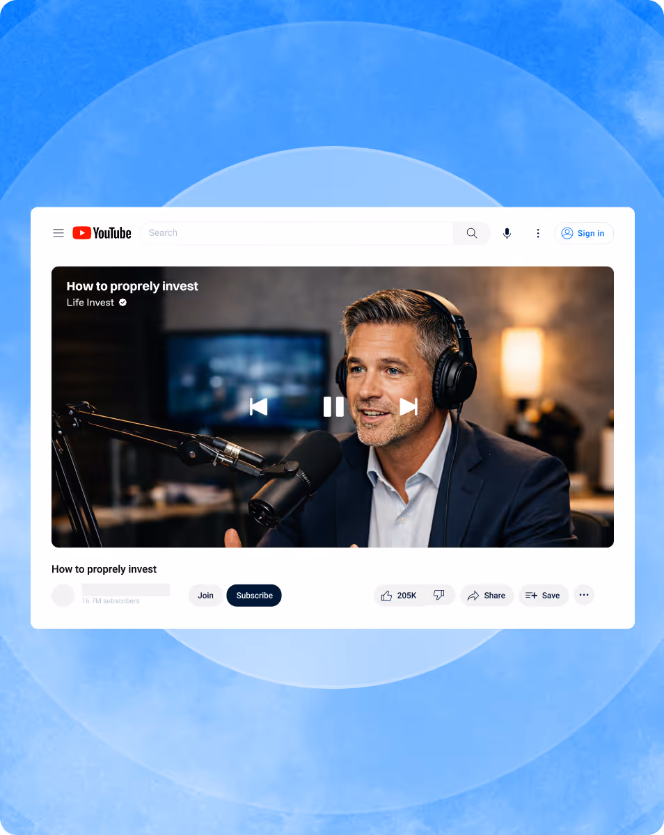 YouTube video titled 'How to properly invest' showing a man with headphones speaking into a microphone.