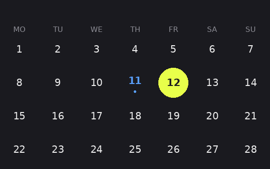 Calendar grid with the 12th highlighted as a booked appointment.