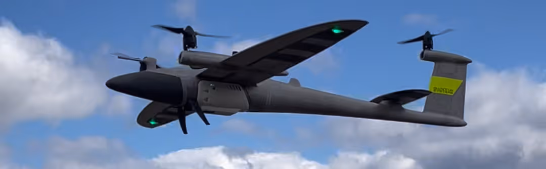 Quantum Systems Trinity Pro eVTOL drone taking off with YellowScan Qube240 Lidar sensor for aerial mapping