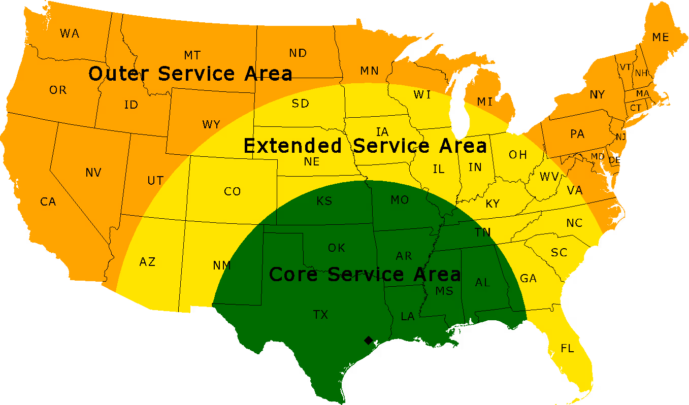 Map showing Turner Drones nationwide UAV lidar and aerial mapping service areas originating from Houston, Texas.
