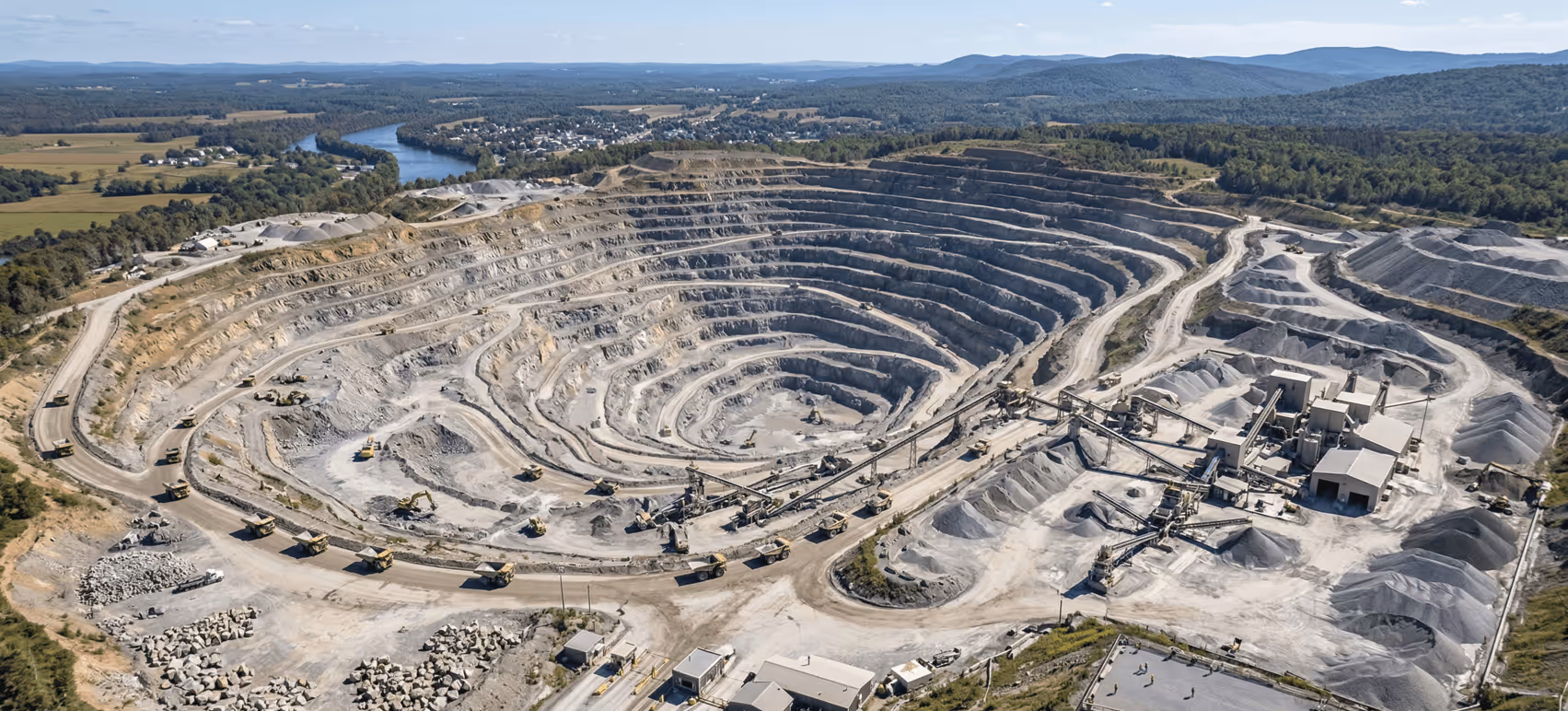 Aerial view of an active open pit aggregate mine
