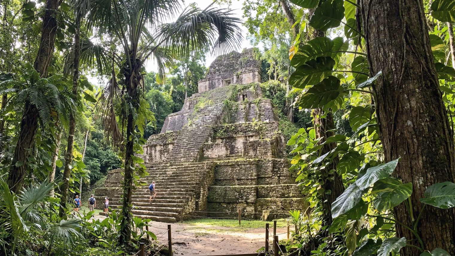 Archaeological exploration of ancient ruins hidden beneath a forest canopy.
