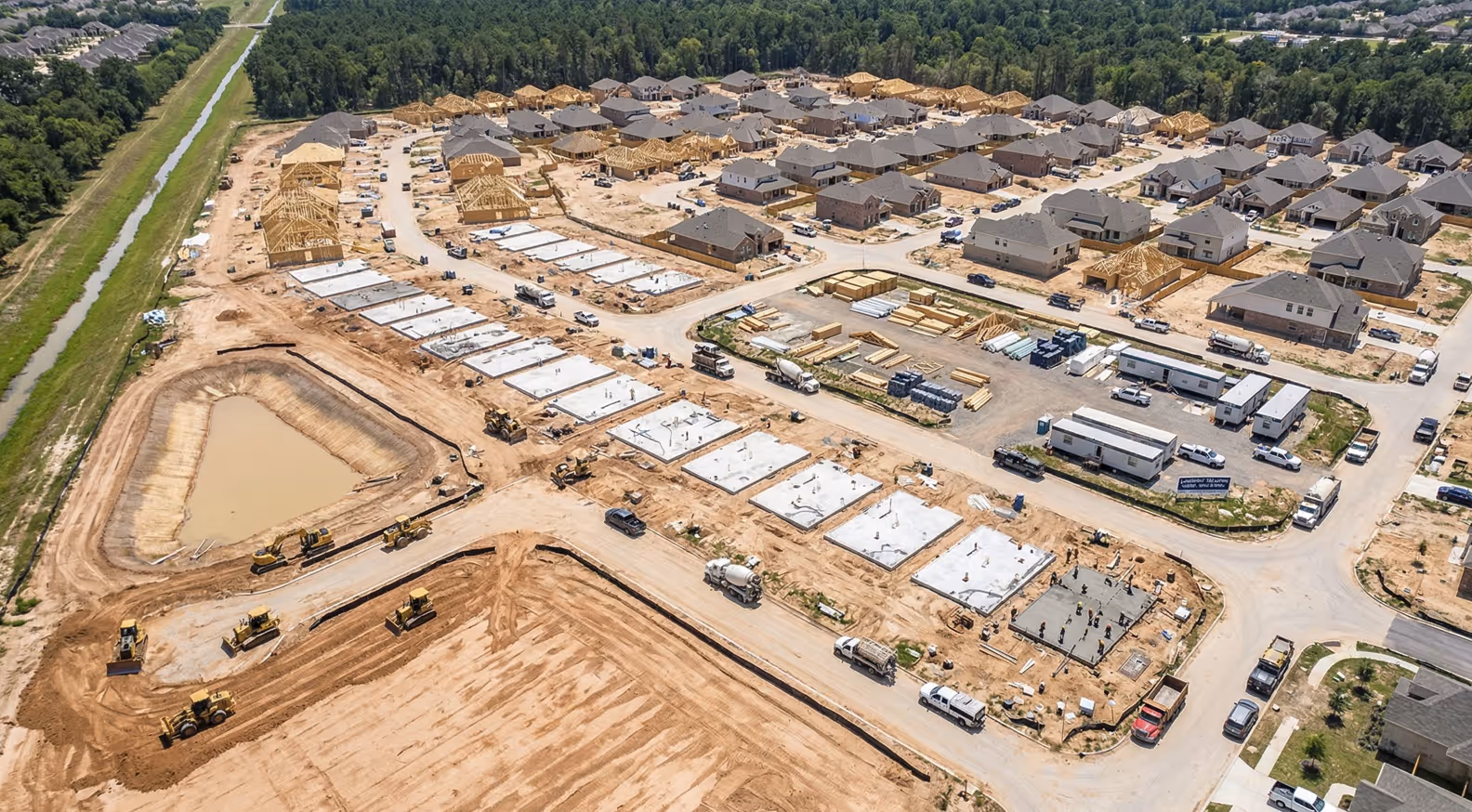 Aerial view of an active residential development.