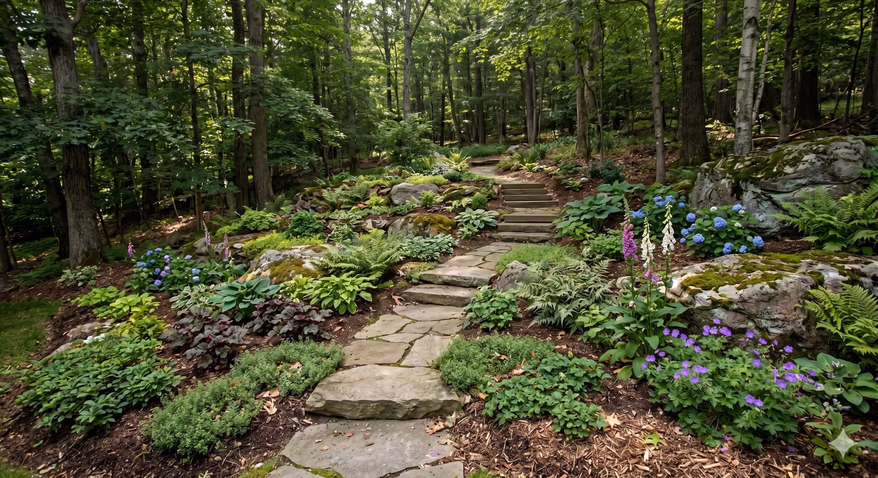 Professionally landscaped stone path through an outdoor gathering space.