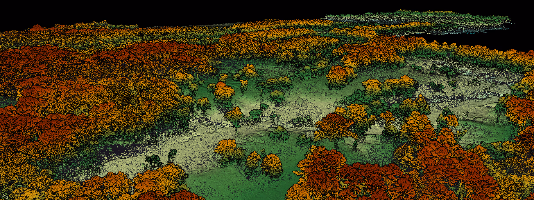 High-density 3D lidar point cloud capturing precise topographic and infrastructure reality capture data for professional land surveying.