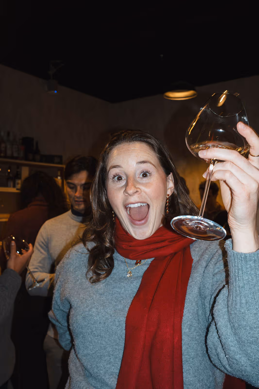 Smiling woman wearing a red scarf and gray sweater, holding a wine glass up indoors at a social gathering.