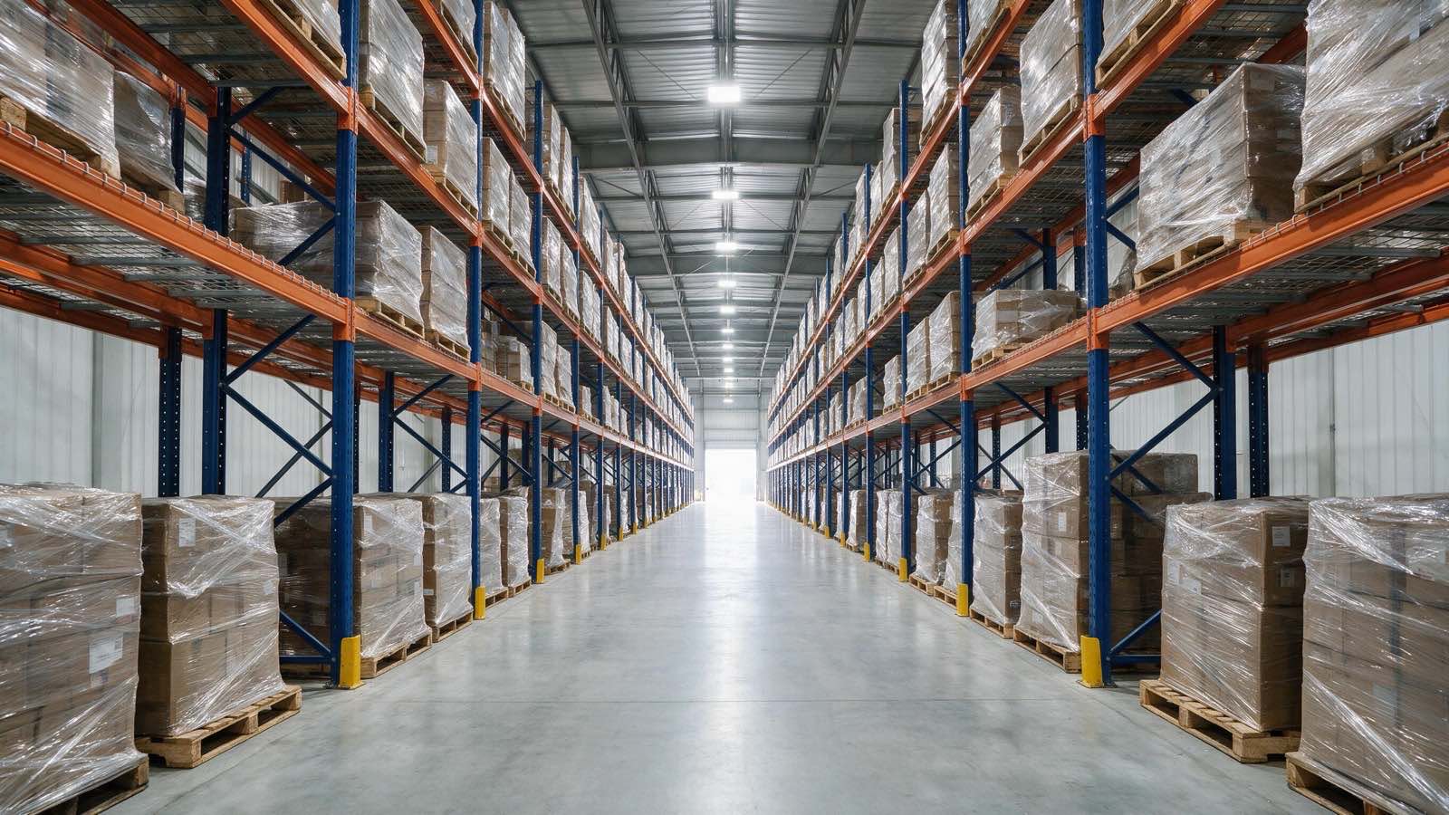Racks selectivos cargados con tarimas en un almacén industrial