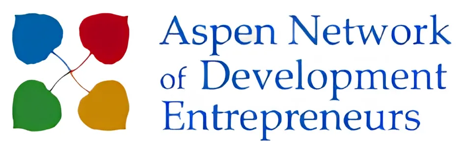 Aspen Network of Development Entrepreneurs logo with its symbol of four colored sheets connected in blue, red, green, and yellow.