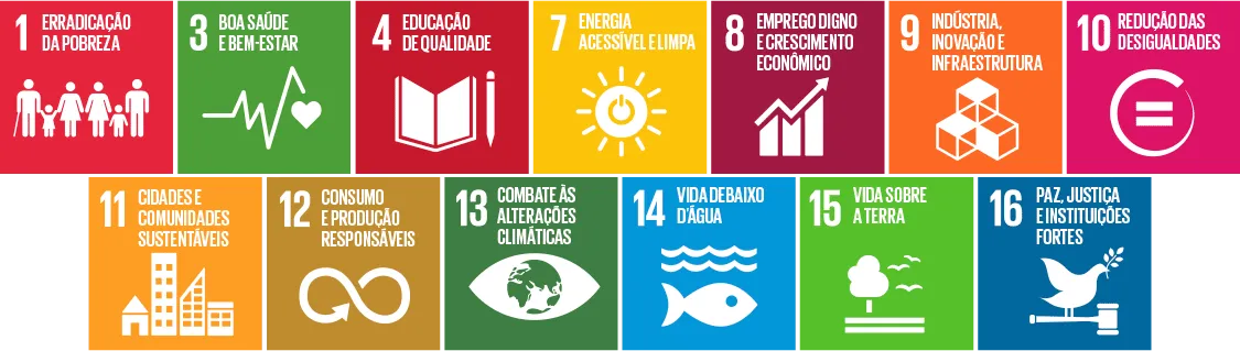 Colored icons representing the UN's Sustainable Development Goals: poverty eradication, good health, quality education, affordable energy, decent employment, industry and innovation, reduction of inequalities, sustainable cities, responsible consumption, combating climate change, life on water, life on land and peace, justice and strong institutions.