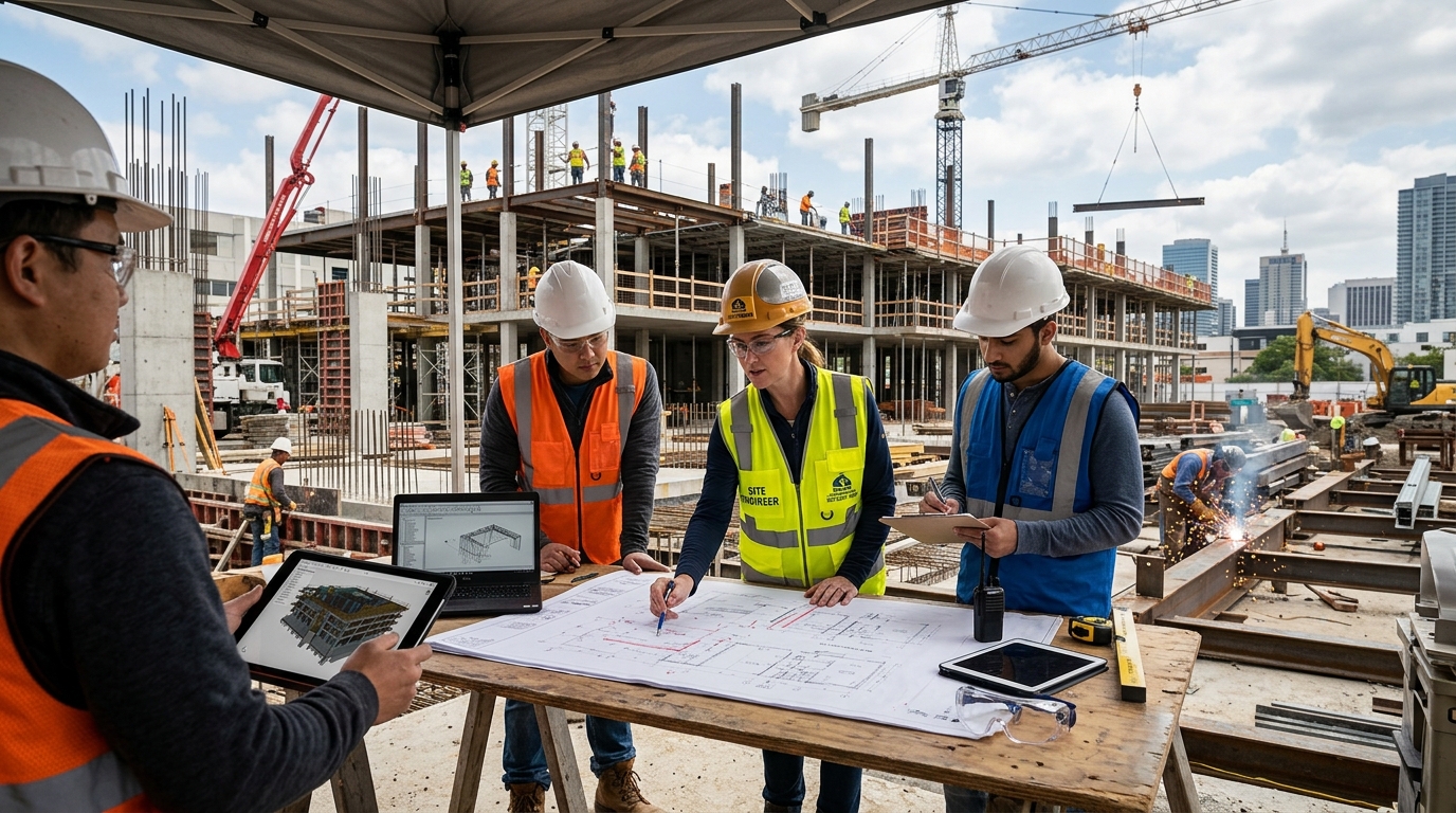 image of team in front of company building (for a roofing contractor)