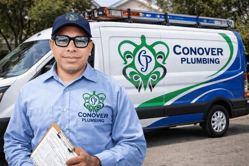 Conover Plumbing technician in uniform standing in front of branded service van Los Angeles