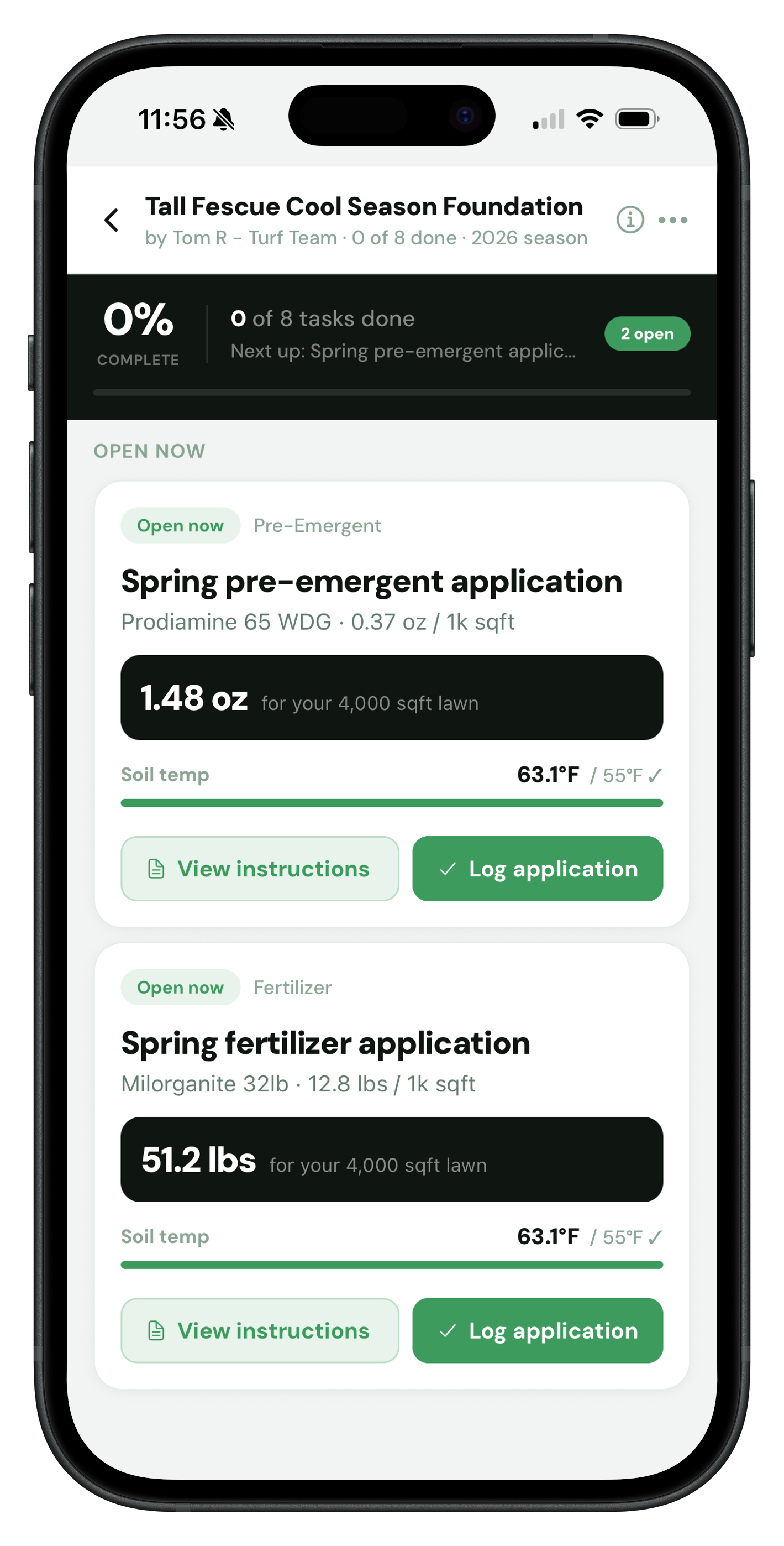 Turf treatment program screen