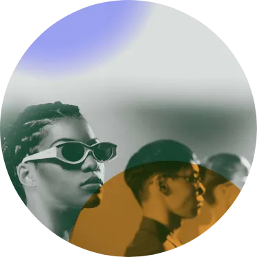 Two individuals wearing sunglasses, one facing forward and one in profile, against a stylized circular background.