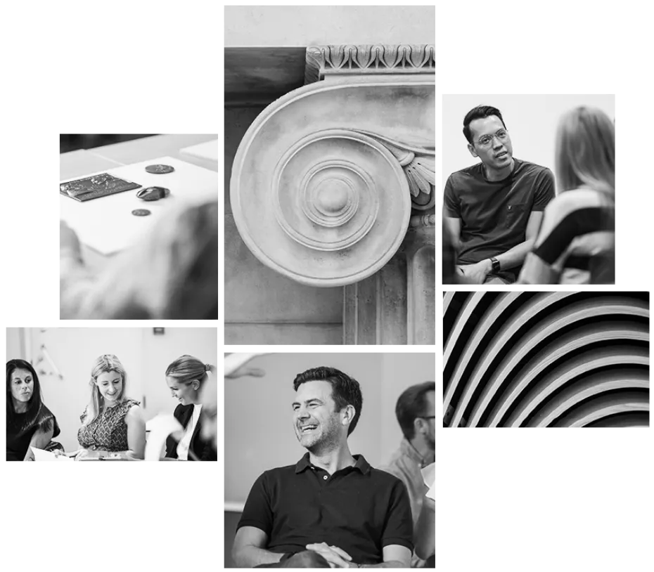 A collage of images depicting a mix of people interacting and architectural images