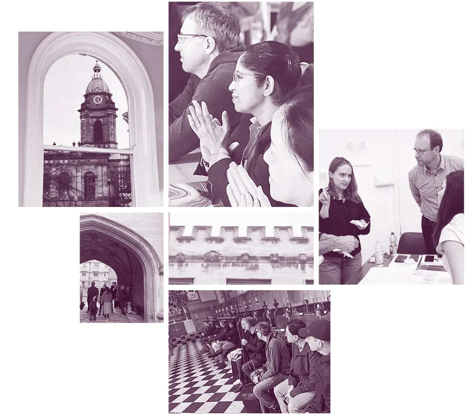 Montage of black and white photos featuring groups of people in discussion and historical architecture details.