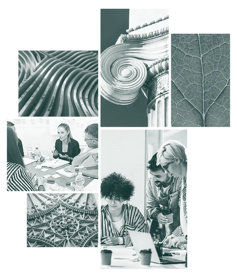 A decorative collage of six images showing modern abstract wooden curves, a classical architectural column detail, a close-up of a leaf vein pattern, a group meeting around a table, a detailed gothic architectural rose window, and a team collaborating over a laptop.
