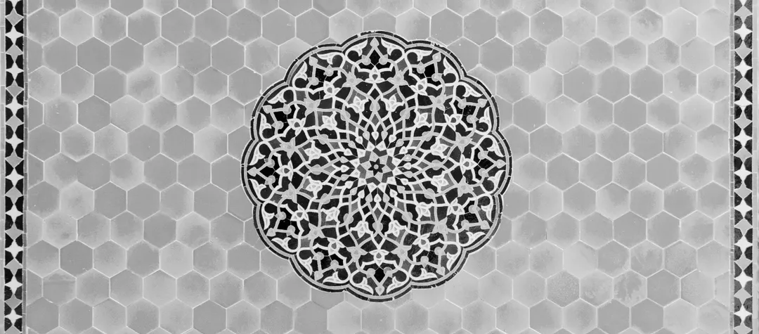 Black and white tile floor with a central ornate circular pattern and hexagonal tiles surrounding it.