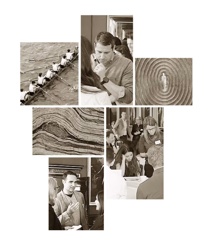 Collage of sepia-toned images showing teamwork in rowing, group discussions, and wood grain patterns.