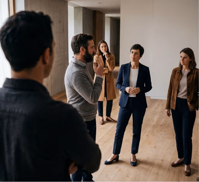 Five people standing in a modern room engaged in a serious group discussion.